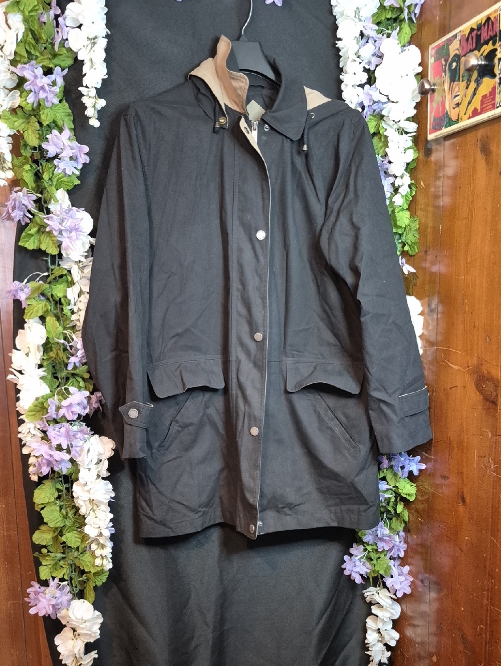 London Fog Black Hooded Raincoat with Tan Trim